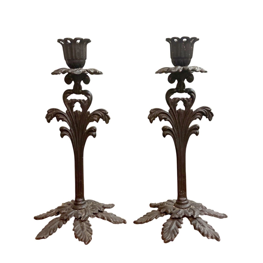 2 Vtg Cast Iron Art LB58 Ornate Taper Candlestick Candle Holder Art Nouveau Goth